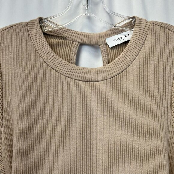 Gilli Womens Bodycon Dress Latte Cut Out Back W/ Twist Ribbed Long Sleeve L - Picture 7 of 11